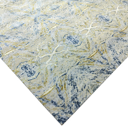 Ivory Blue and Gold Silk and Wool Distressed Modern Abstract Handknotted Area Rug