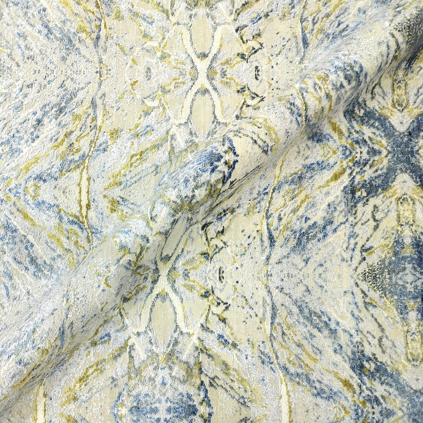 Ivory Blue and Gold Silk and Wool Distressed Modern Abstract Handknotted Area Rug