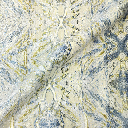 Ivory Blue and Gold Silk and Wool Distressed Modern Abstract Handknotted Area Rug