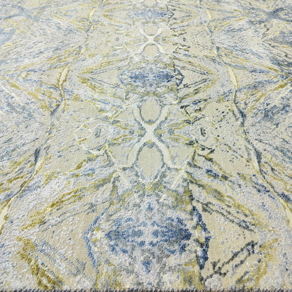 Ivory Blue and Gold Silk and Wool Distressed Modern Abstract Handknotted Area Rug