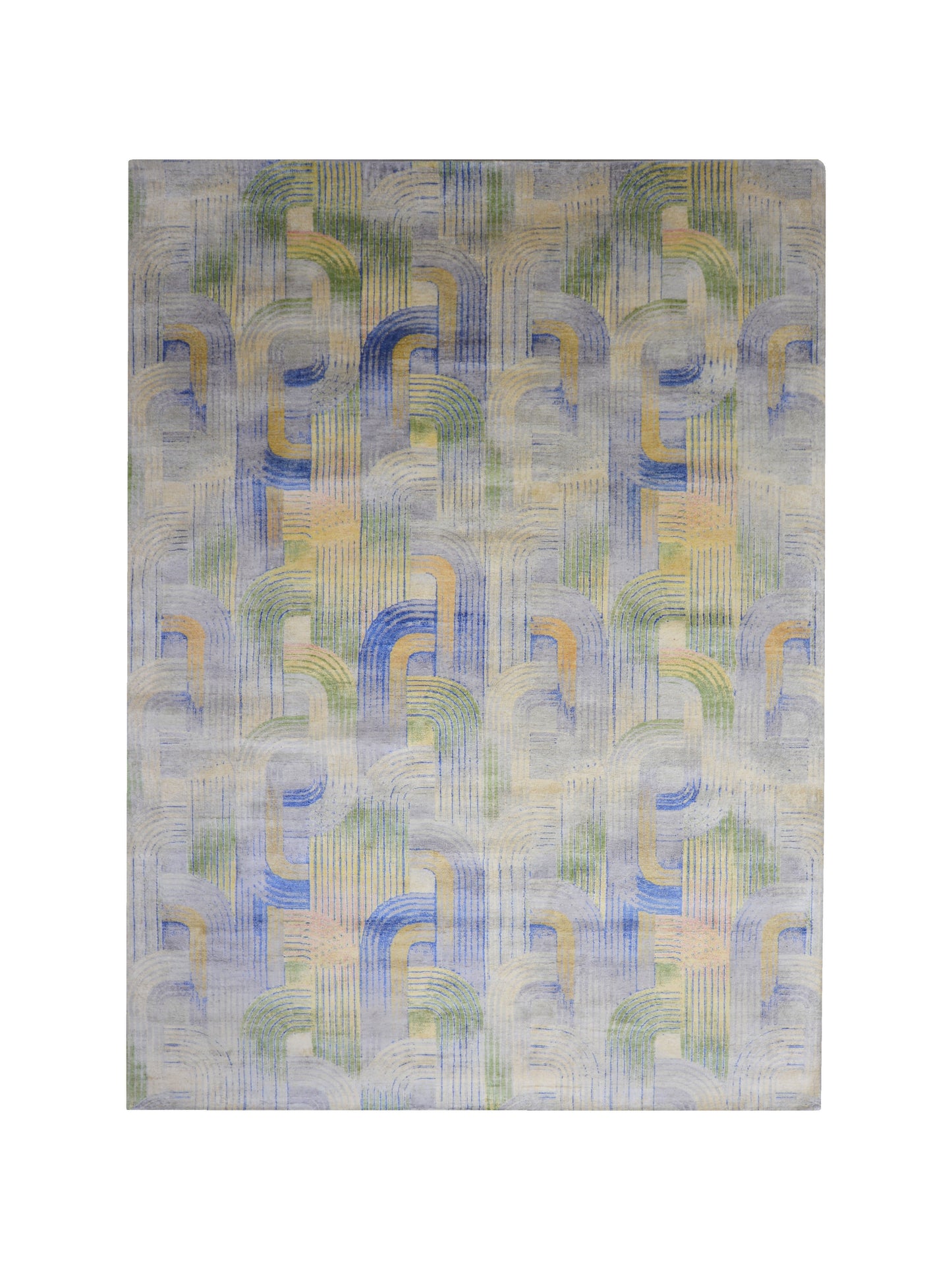 Gold and Blue, Pure Silk Modern Geometrical Handknotted 9.1x12.3ft 276x373Cms Area Rug