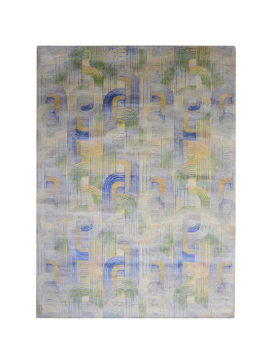 Gold and Blue, Pure Silk Modern Geometrical Handknotted 9.1x12.3ft 276x373Cms Area Rug