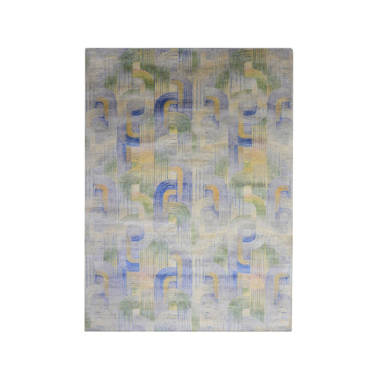 Gold and Blue, Pure Silk Modern Geometrical Handknotted 9.1x12.3ft 276x373Cms Area Rug