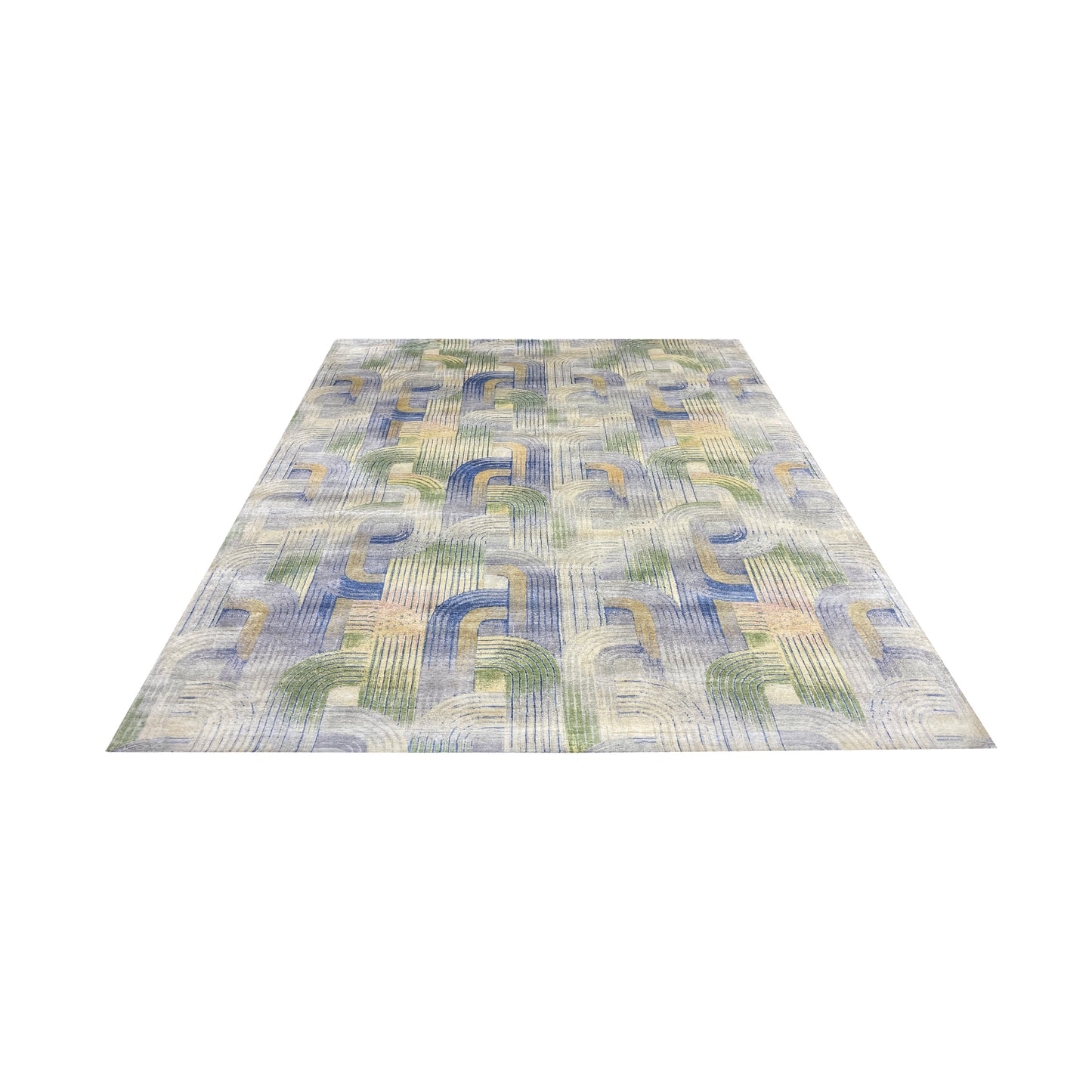 Gold and Blue, Pure Silk Modern Geometrical Handknotted 9.1x12.3ft 276x373Cms Area Rug