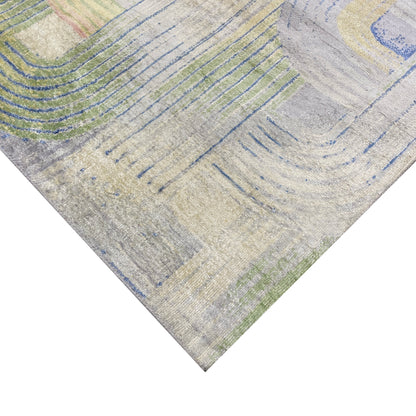 Gold and Blue, Pure Silk Modern Geometrical Handknotted 9.1x12.3ft 276x373Cms Area Rug