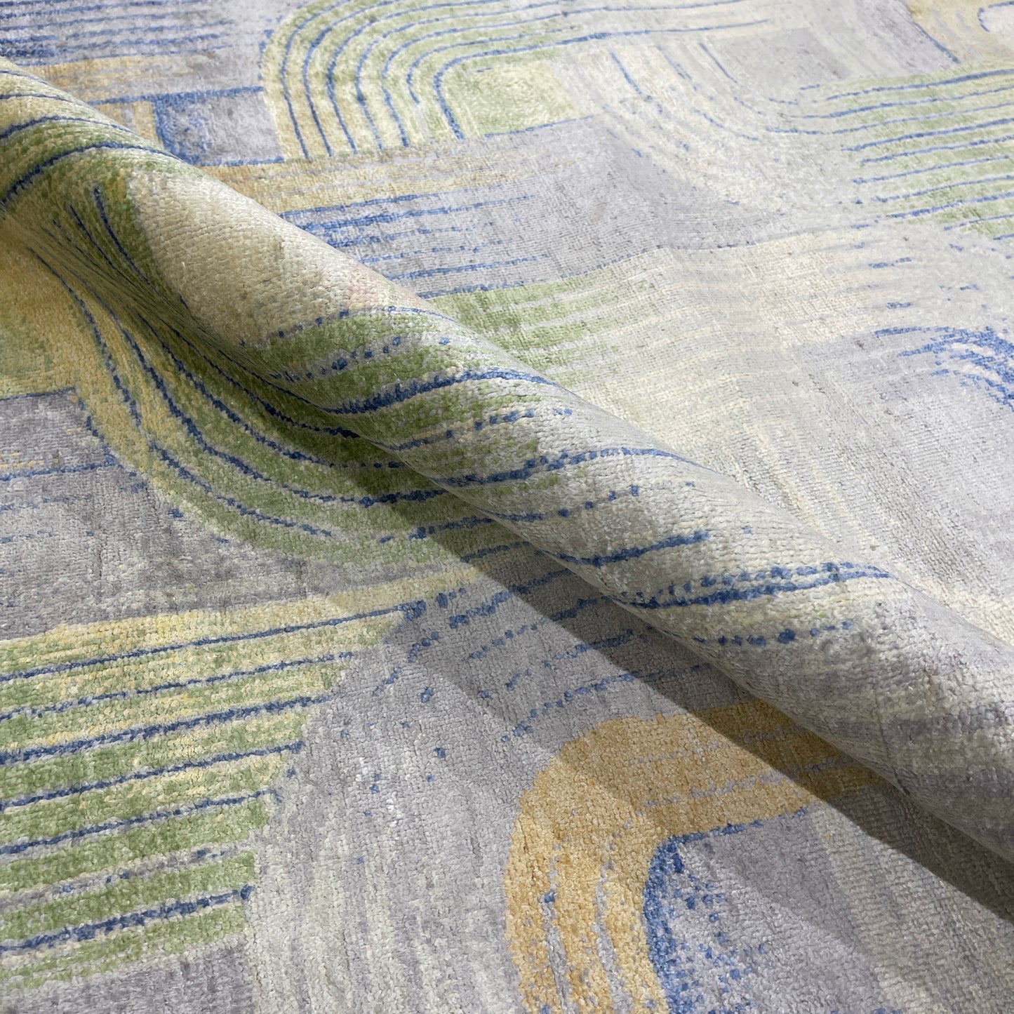 Gold and Blue, Pure Silk Modern Geometrical Handknotted 9.1x12.3ft 276x373Cms Area Rug