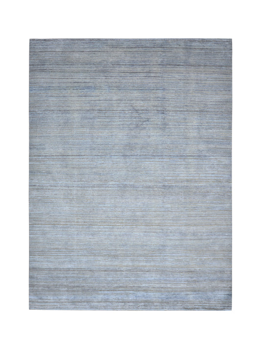 Grey and Blue Silk and Wool Modern Textured Handknotted Area Rug