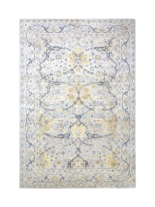 Crown Ivory, Blue, Grey and Multy Blended Silk Traditional Persian Handknotted Area Rug