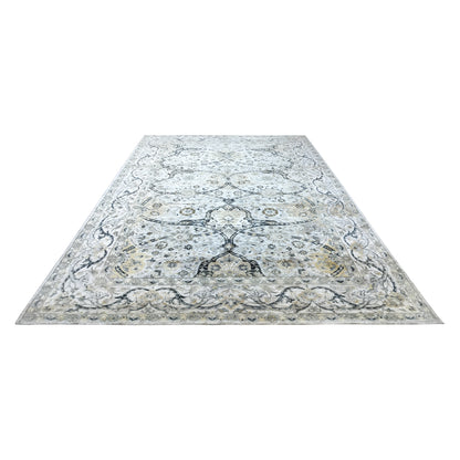 Crown Ivory, Blue, Grey and Multy Blended Silk Traditional Persian Handknotted Area Rug