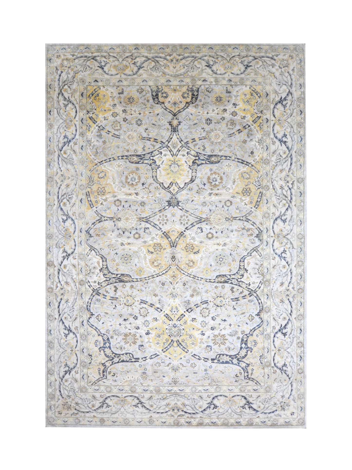 Crown Ivory, Blue, Grey and Multy Blended Silk Traditional Persian Handknotted 9.11x14.8Ft 304x448Cms Area Rug
