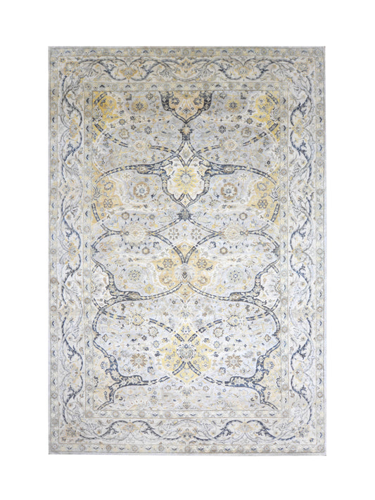 Crown Ivory, Blue, Grey and Multy Blended Silk Traditional Persian Handknotted 9.11x14.8Ft 304x448Cms Area Rug