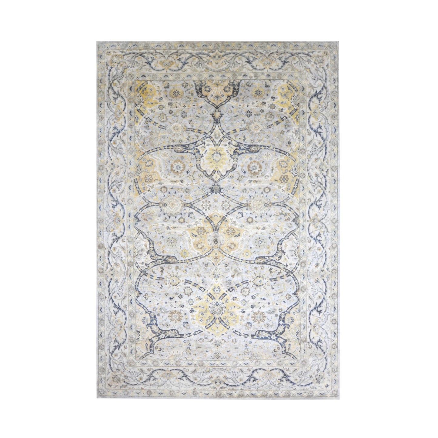 Crown Ivory, Blue, Grey and Multy Blended Silk Traditional Persian Handknotted 9.11x14.8Ft 304x448Cms Area Rug