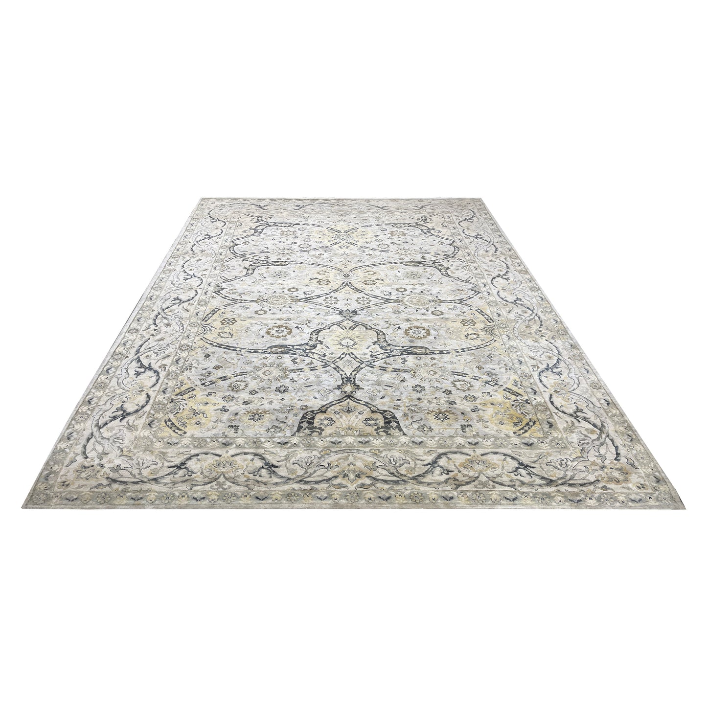 Crown Ivory, Blue, Grey and Multy Blended Silk Traditional Persian Handknotted 9.11x14.8Ft 304x448Cms Area Rug