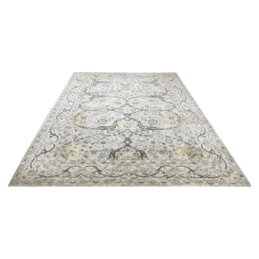 Crown Ivory, Blue, Grey and Multy Blended Silk Traditional Persian Handknotted 9.11x14.8Ft 304x448Cms Area Rug