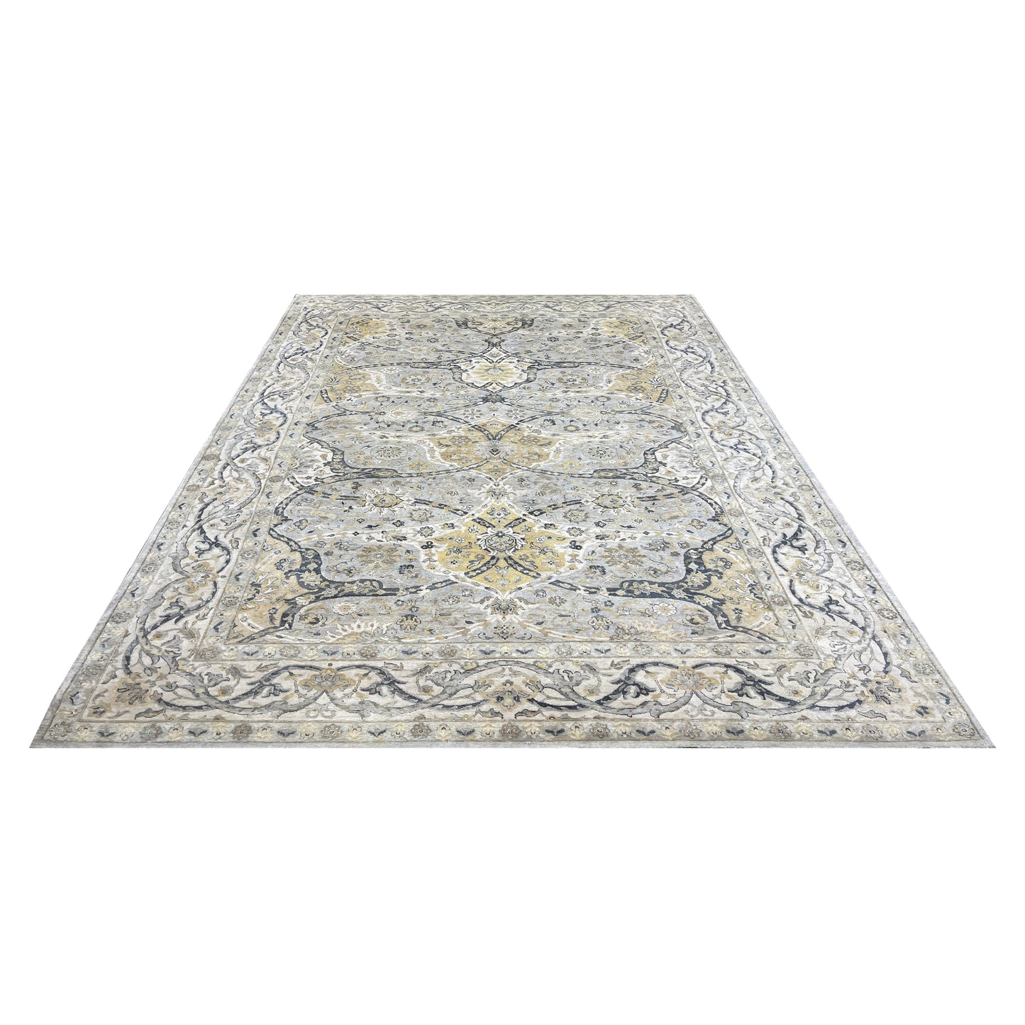 Crown Ivory, Blue, Grey and Multy Blended Silk Traditional Persian Handknotted 9.11x14.8Ft 304x448Cms Area Rug