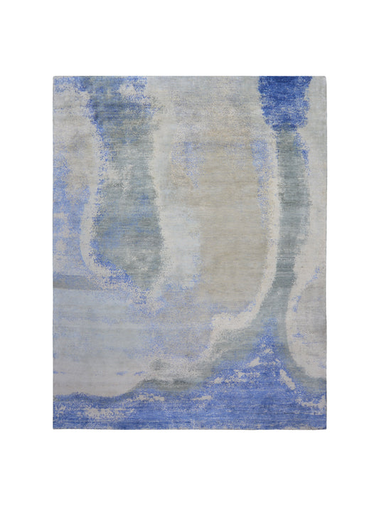 Grey Blue, Blended Silk Wool Oxidized Modern Abstract Handknotted 7.10x10.1ft 239x307Cms Area Rug