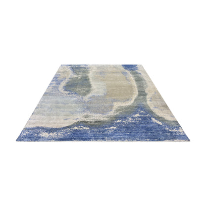 Grey Blue, Blended Silk Wool Oxidized Modern Abstract Handknotted 7.10x10.1ft 239x307Cms Area Rug
