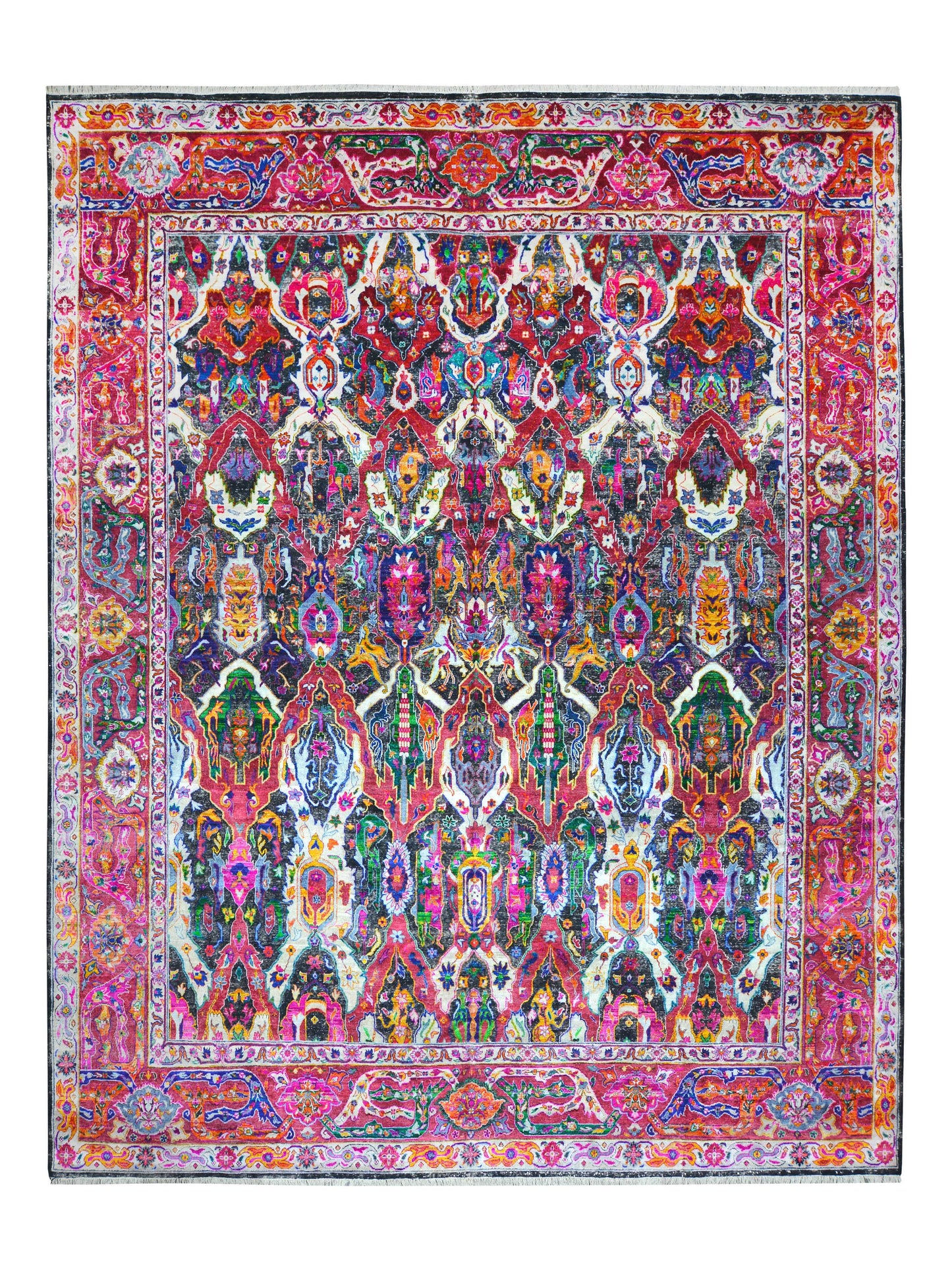 Black and Pink, Pure Silk + Sari Silk Traditional Persian Handknotted 12.0x15.3ft 365x466Cms Area Rug