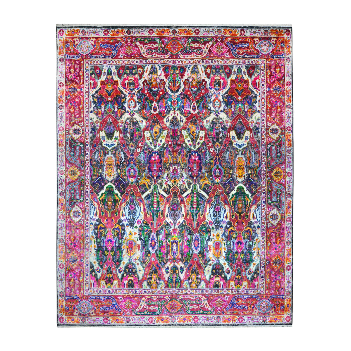 Black and Pink, Pure Silk + Sari Silk Traditional Persian Handknotted 12.0x15.3ft 365x466Cms Area Rug