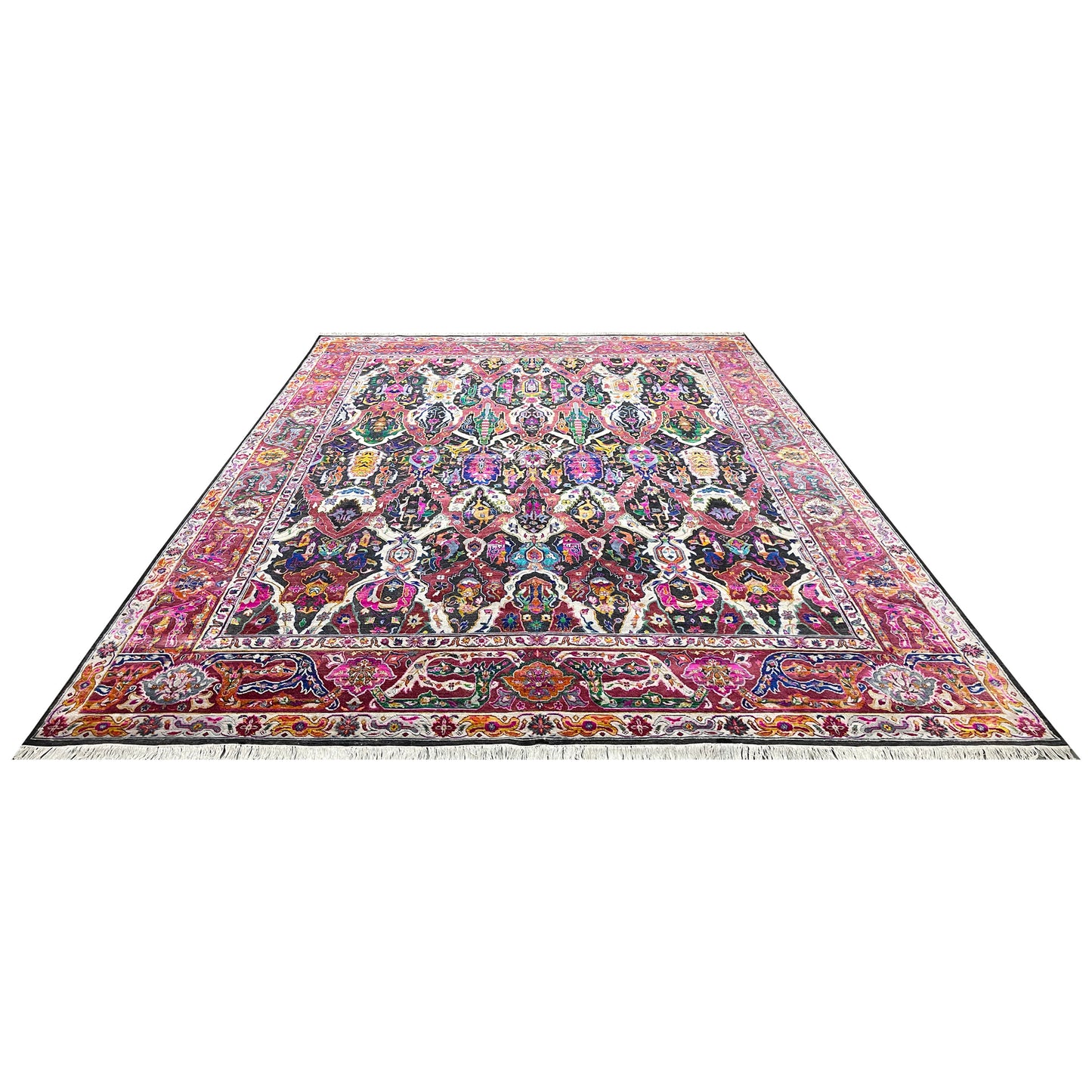 Black and Pink, Pure Silk + Sari Silk Traditional Persian Handknotted 12.0x15.3ft 365x466Cms Area Rug