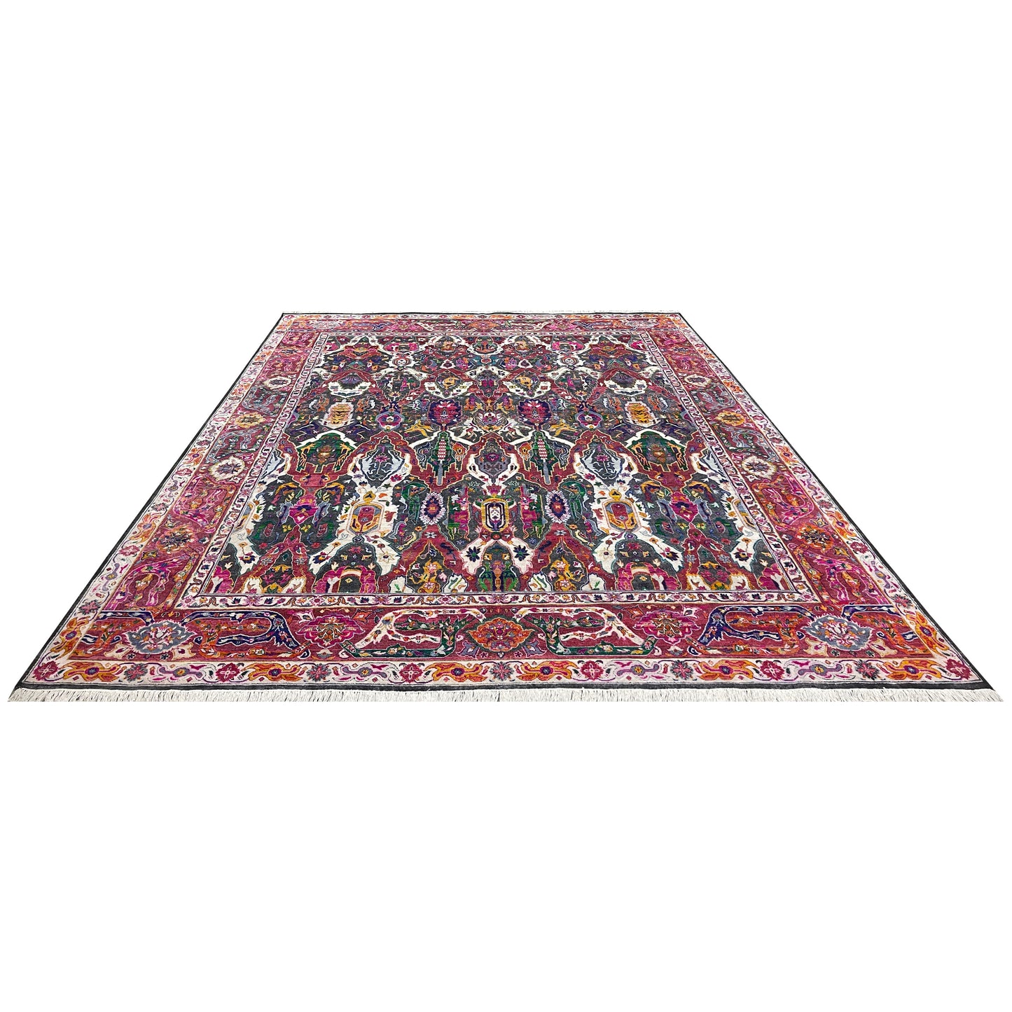 Black and Pink, Pure Silk + Sari Silk Traditional Persian Handknotted 12.0x15.3ft 365x466Cms Area Rug