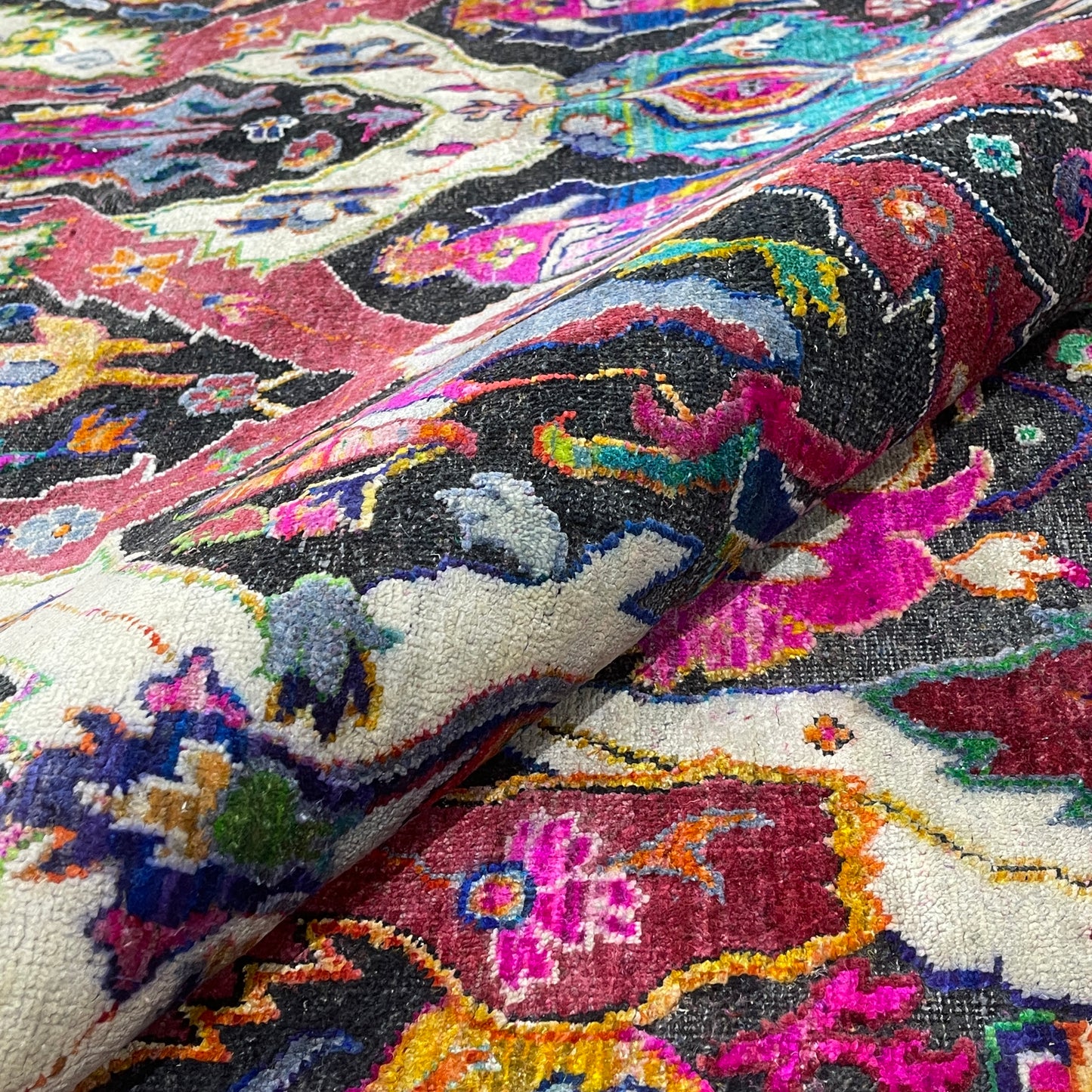 Black and Pink, Pure Silk + Sari Silk Traditional Persian Handknotted 12.0x15.3ft 365x466Cms Area Rug