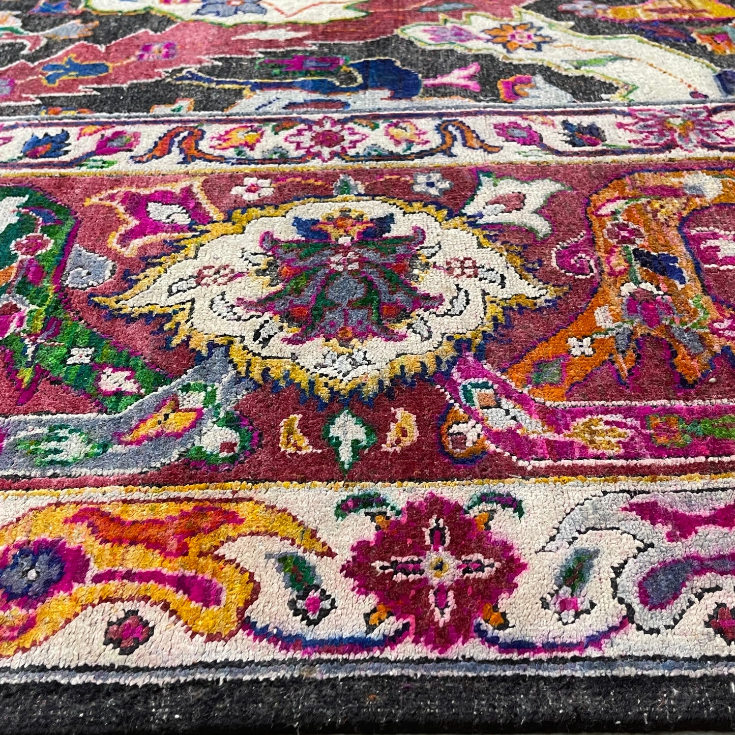 Black and Pink, Pure Silk + Sari Silk Traditional Persian Handknotted 12.0x15.3ft 365x466Cms Area Rug