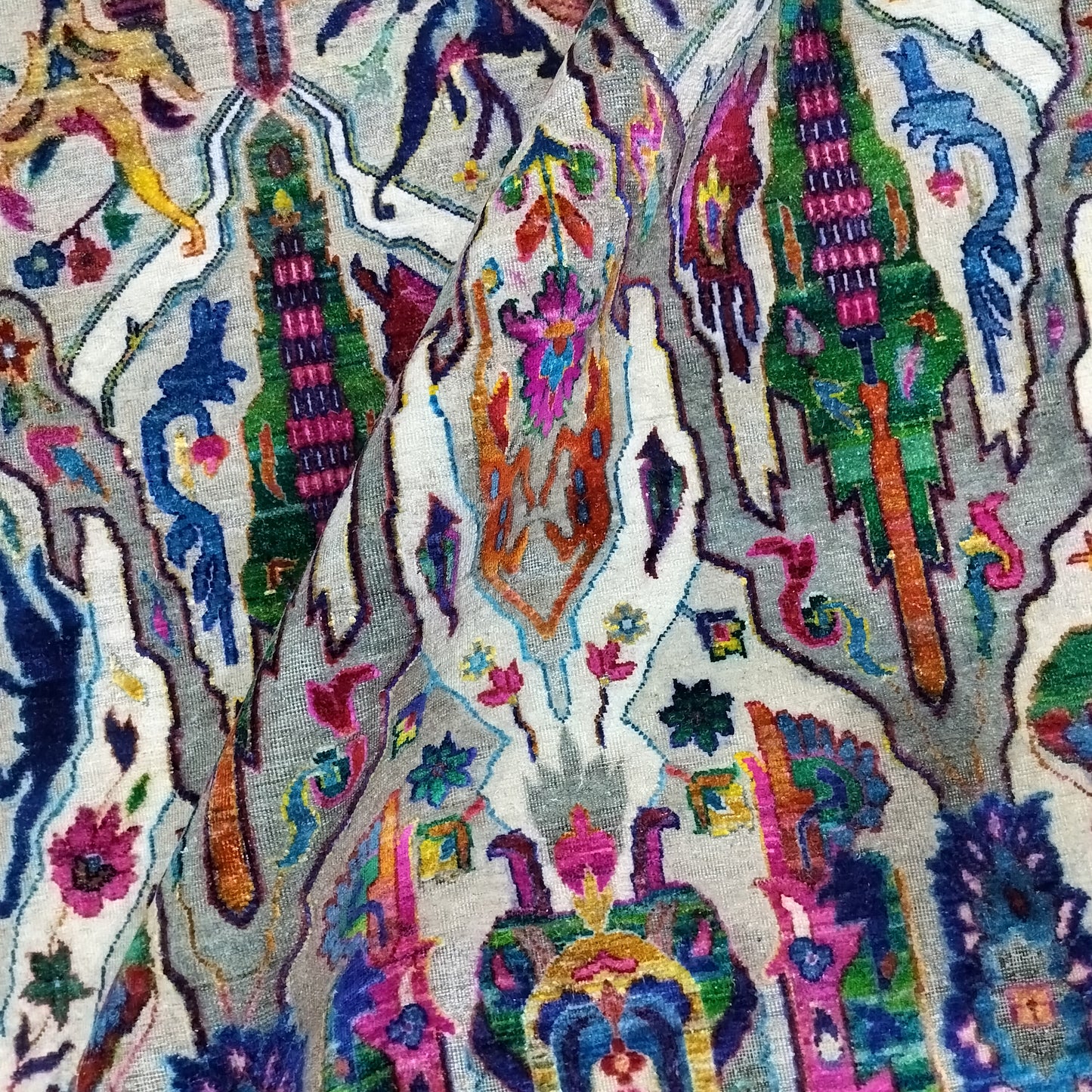 Multy Grey Sari Silk Wool Oxidized Bidzar Transitional Handknotted 9.8x13.10ft 295x420cms Area Rug