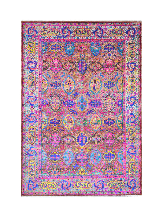 One of a Kind Red, Ivory and Multy Sari Silk and Wool Traditional Persian Handknotted Area Rug