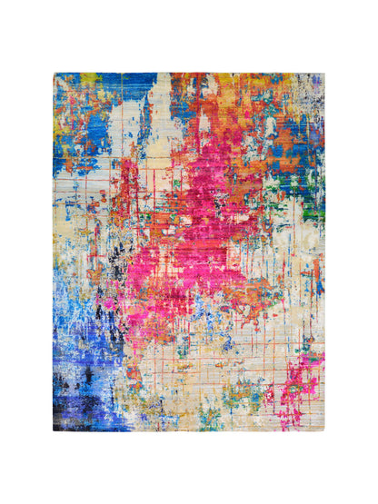 Ivory Multy, Sari Silk Wool Modern Handknotted 8.11x11.9Ft 270x357Cms Area Rug