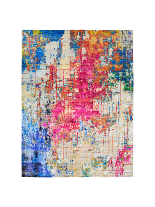 Ivory Multy, Sari Silk Wool Modern Handknotted 8.11x11.9Ft 270x357Cms Area Rug