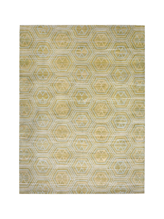 Gold Beige, Pure Wool Modern Handknotted 8.11x12.0Ft 271x375Cms Area Rug
