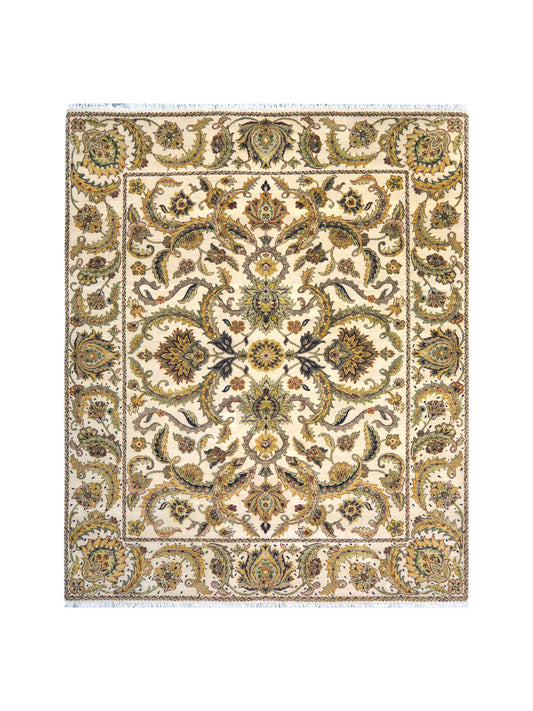 Yellow and Ivory, Pure Wool Regular Pile Traditional Handknotted 8.2x10.1Ft 249x306Cms Area Rug