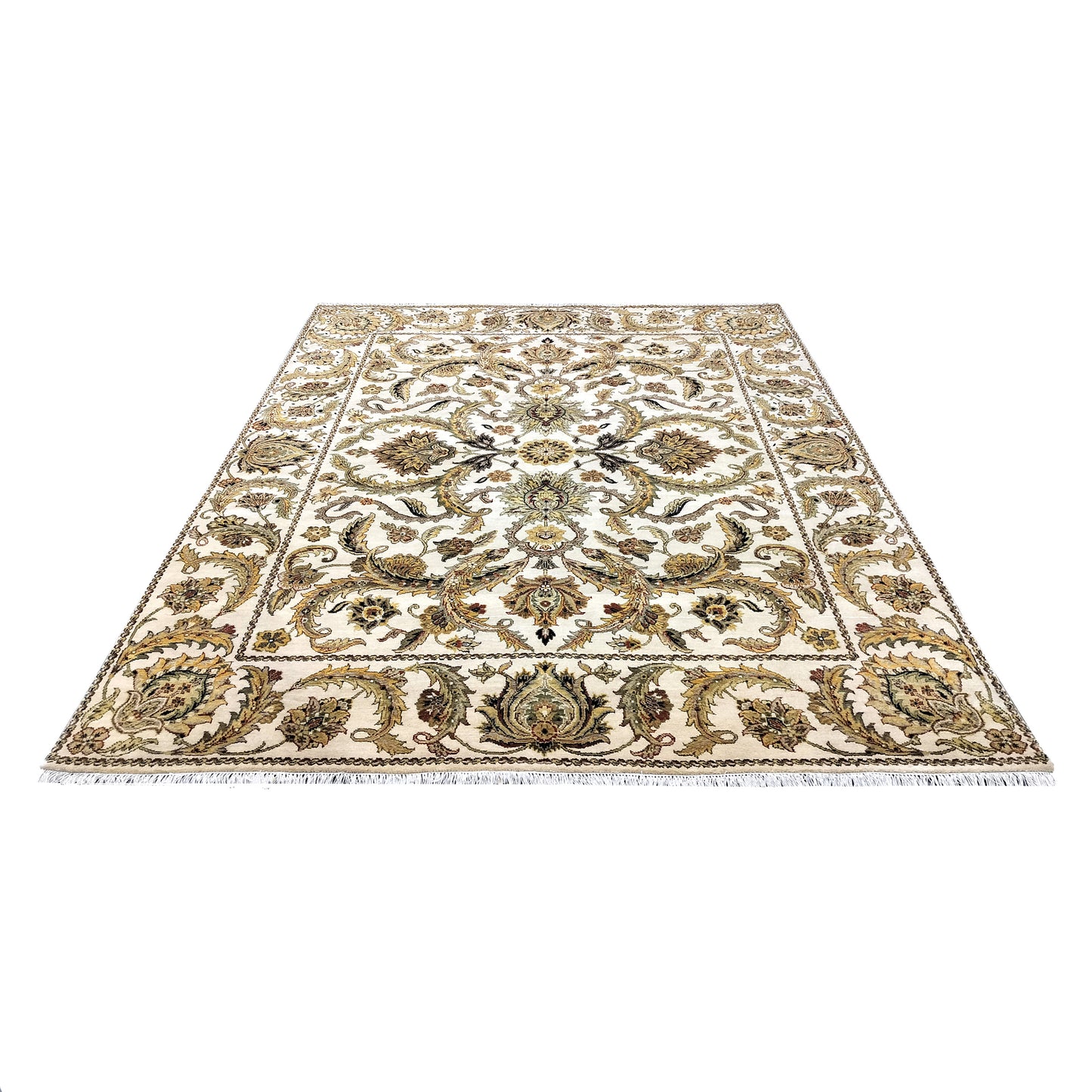 Yellow and Ivory, Pure Wool Regular Pile Traditional Handknotted 8.2x10.1Ft 249x306Cms Area Rug