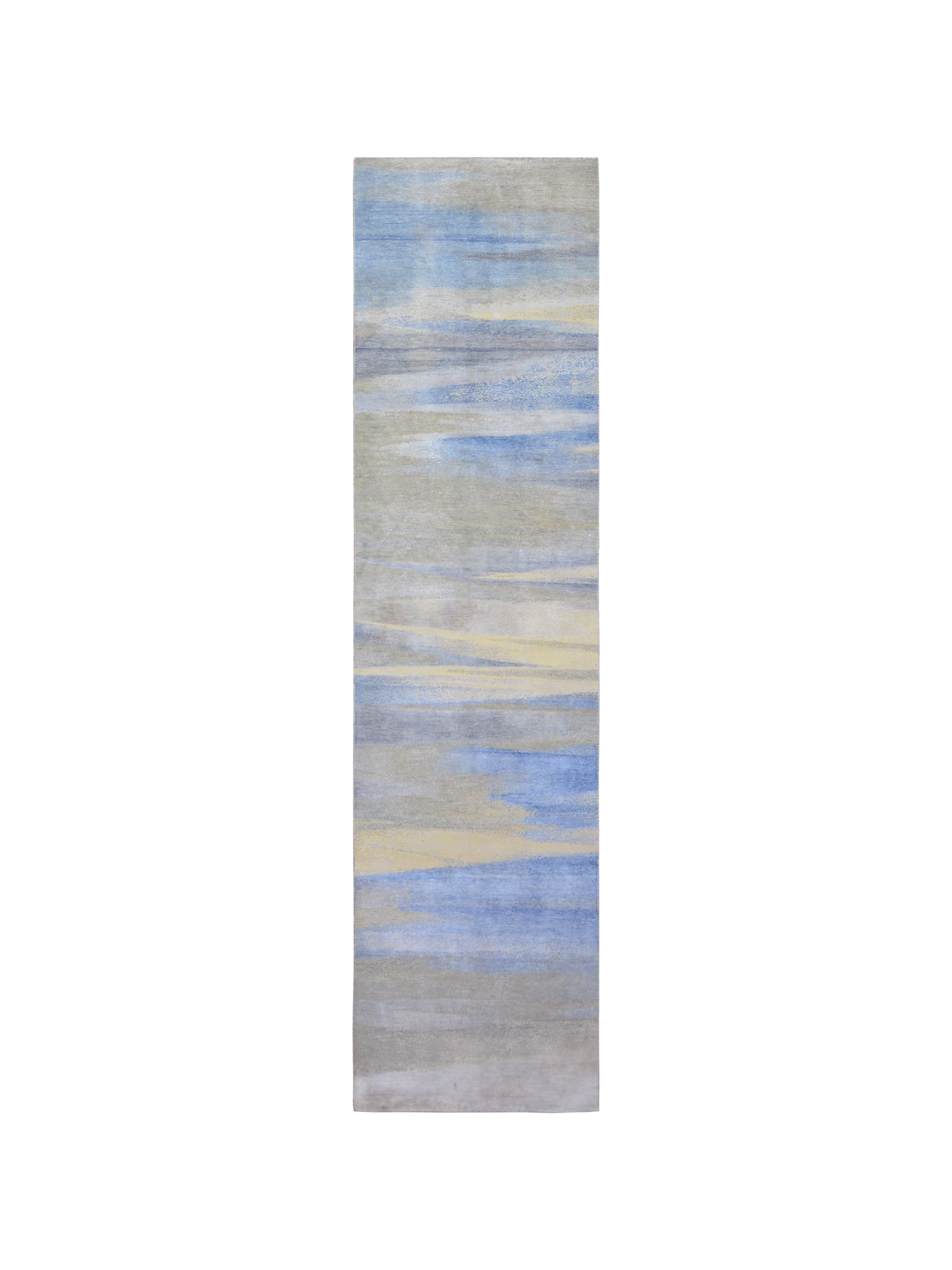 L.Blue and Ivory, Silk and Wool Oxidized Modern Handknotted 3.0x12.1Ft 92x367Cms Area Rug