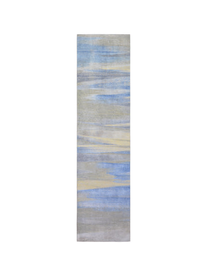 L.Blue and Ivory, Silk and Wool Oxidized Modern Handknotted 3.0x12.1Ft 92x367Cms Area Rug
