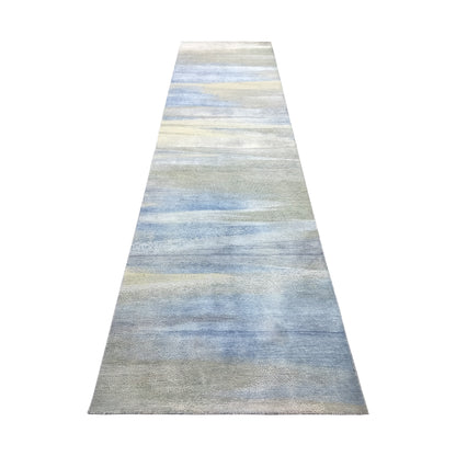 L.Blue and Ivory, Silk and Wool Oxidized Modern Handknotted 3.0x12.1Ft 92x367Cms Area Rug