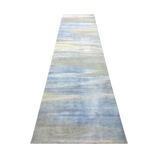 L.Blue and Ivory, Silk and Wool Oxidized Modern Handknotted 3.0x12.1Ft 92x367Cms Area Rug