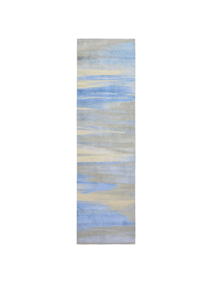 L.Blue and Ivory, Silk and Wool Oxidized Modern Handknotted 3.0x10.9Ft 92x328Cms Area Rug