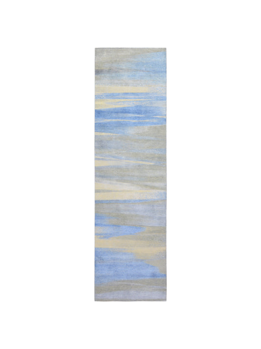 L.Blue and Ivory, Silk and Wool Oxidized Modern Handknotted 3.0x10.9Ft 92x328Cms Area Rug