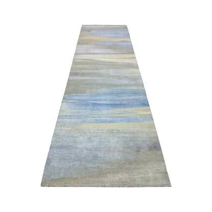L.Blue and Ivory, Silk and Wool Oxidized Modern Handknotted 3.0x10.9Ft 92x328Cms Area Rug