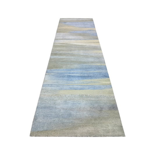 L.Blue and Ivory, Silk and Wool Oxidized Modern Handknotted 3.0x10.9Ft 92x328Cms Area Rug