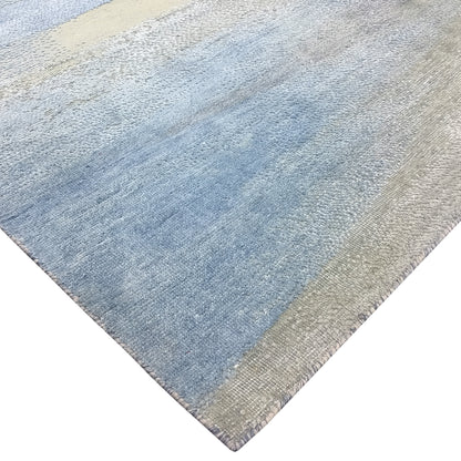 L.Blue and Ivory, Silk and Wool Oxidized Modern Handknotted 3.0x10.9Ft 92x328Cms Area Rug