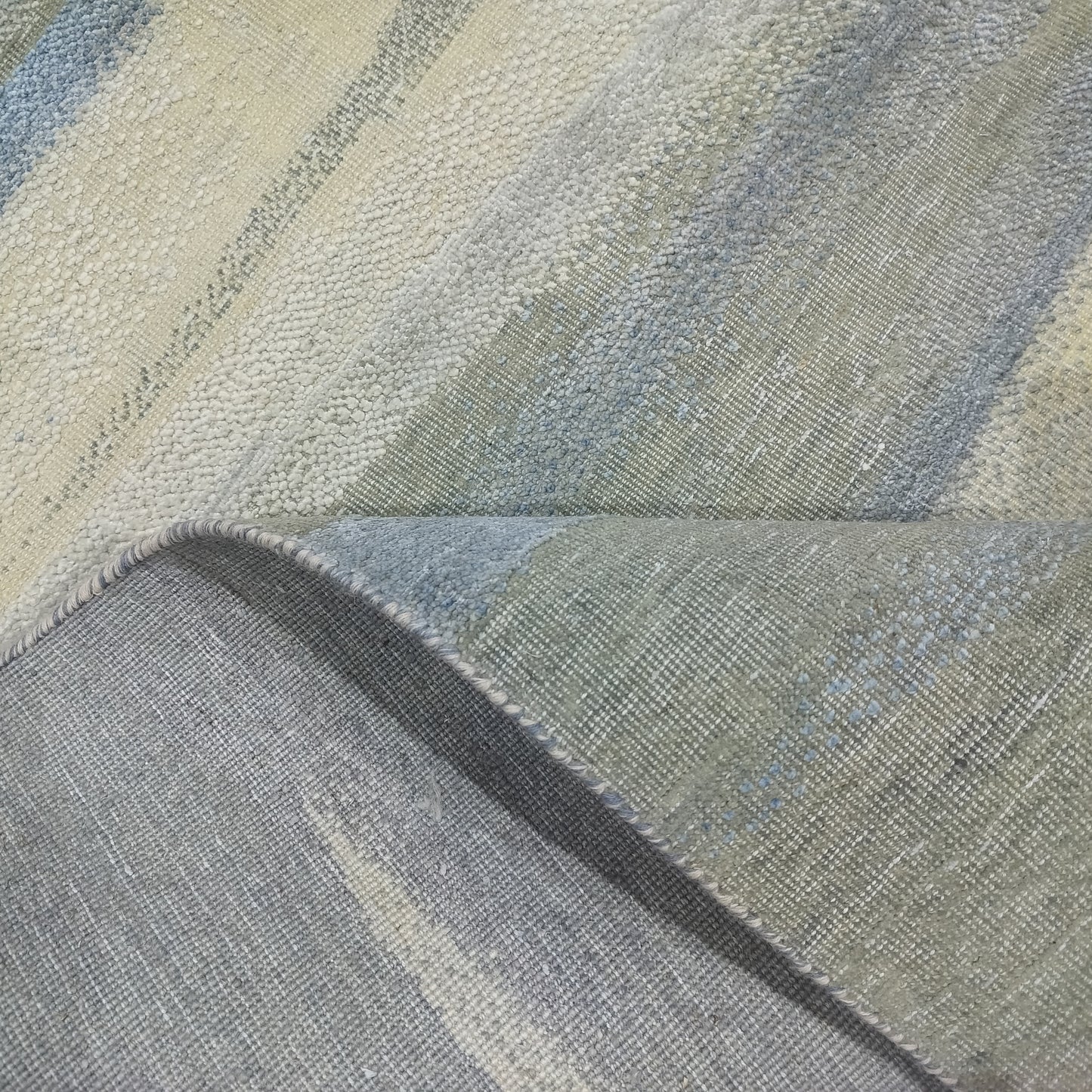 L.Blue and Ivory, Silk and Wool Oxidized Modern Handknotted 3.0x10.9Ft 92x328Cms Area Rug
