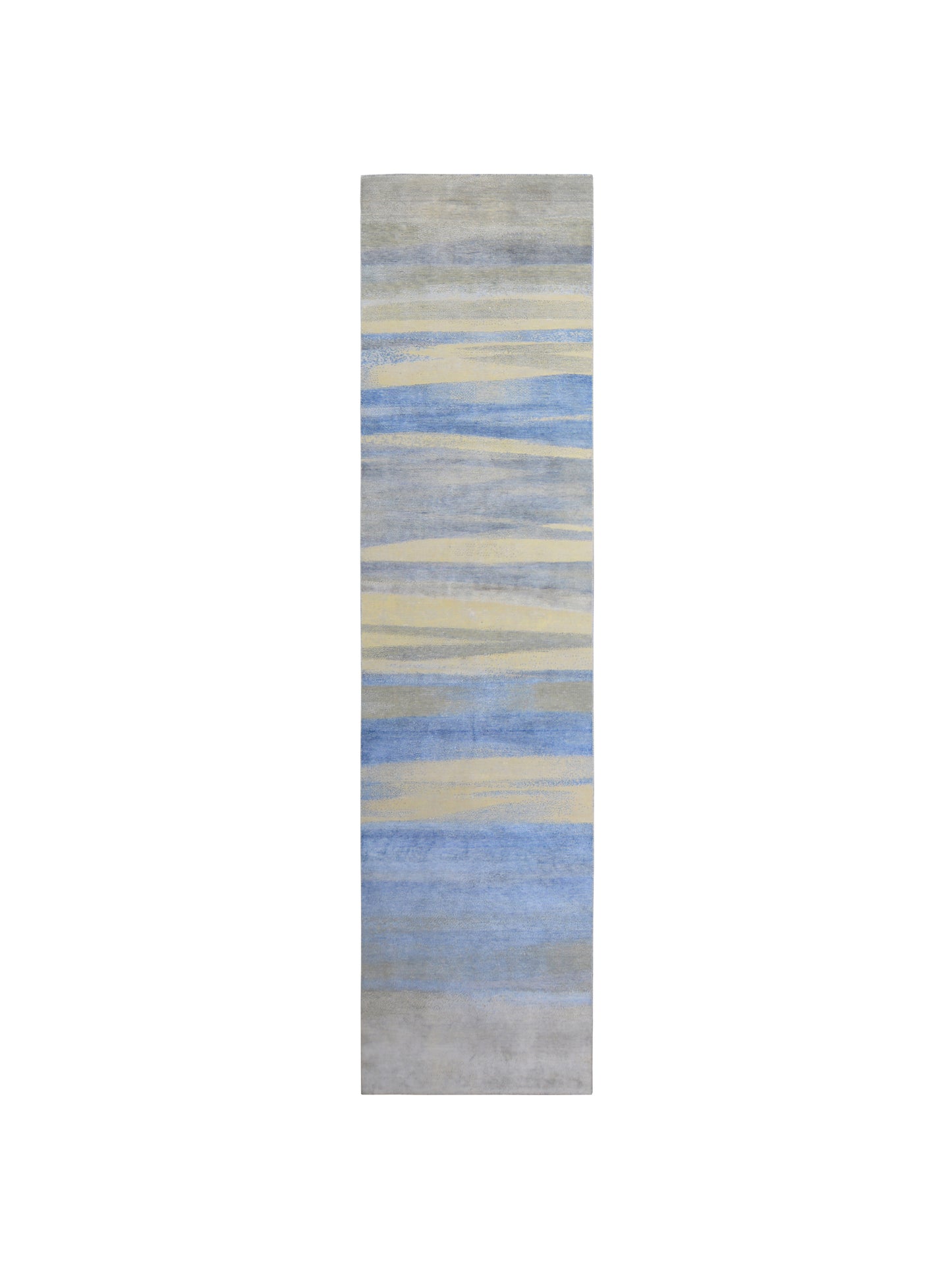 L.Blue and Ivory, Silk and Wool Oxidized Modern Handknotted 3.0X12.1Ft 92X368Cms Area Rug