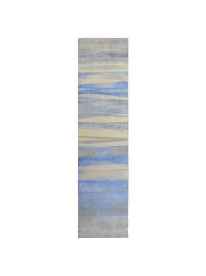 L.Blue and Ivory, Silk and Wool Oxidized Modern Handknotted 3.0X12.1Ft 92X368Cms Area Rug