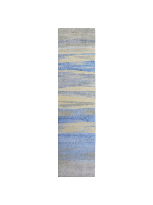 L.Blue and Ivory, Silk and Wool Oxidized Modern Handknotted 3.0X12.1Ft 92X368Cms Area Rug