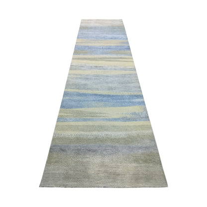 L.Blue and Ivory, Silk and Wool Oxidized Modern Handknotted 3.0X12.1Ft 92X368Cms Area Rug