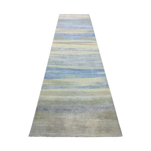 L.Blue and Ivory, Silk and Wool Oxidized Modern Handknotted 3.0X12.1Ft 92X368Cms Area Rug