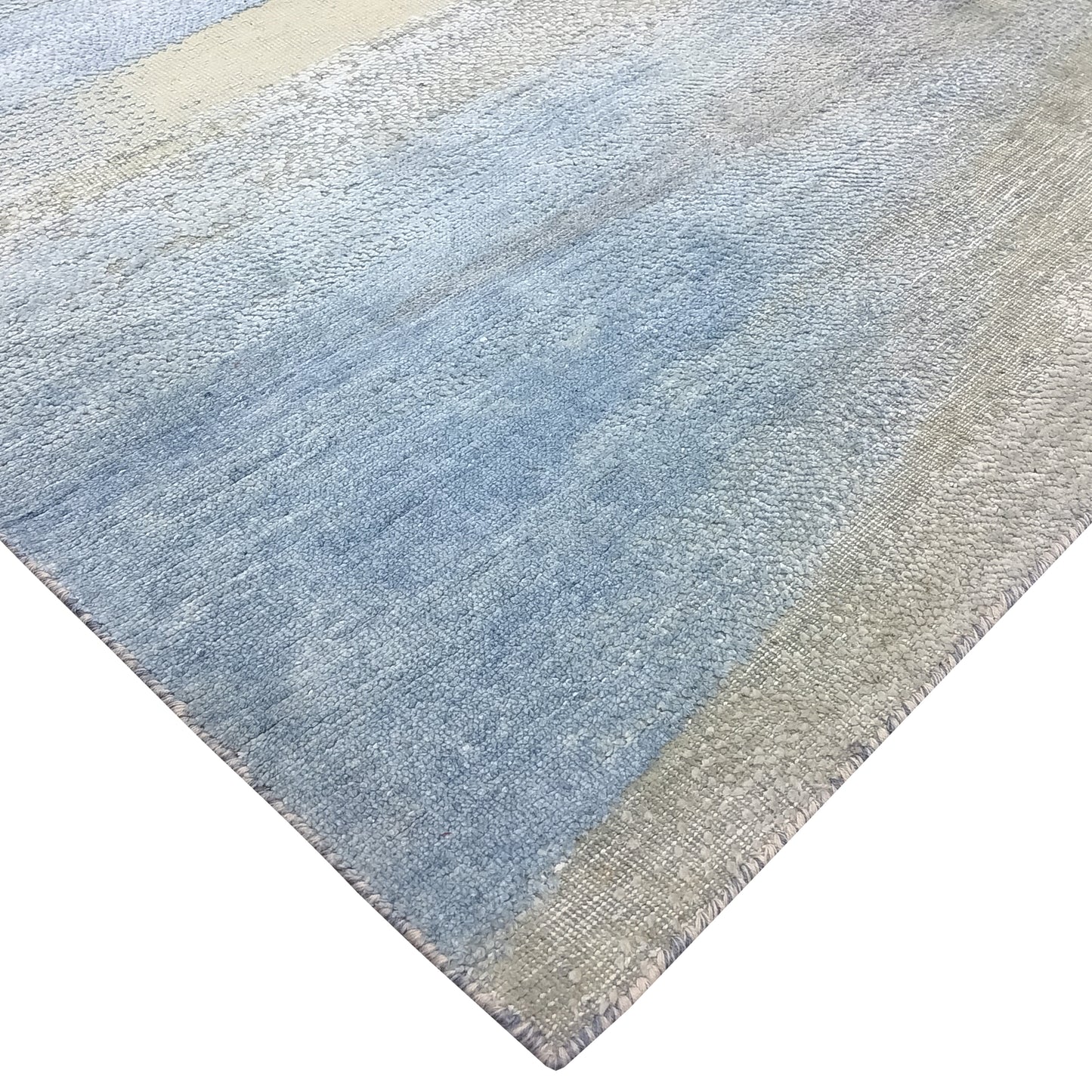 L.Blue and Ivory, Silk and Wool Oxidized Modern Handknotted 3.0X12.1Ft 92X368Cms Area Rug